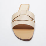 ZARZ Sandals Women's Flat Bottom 2022 Summer New Leather Cross Decoration Flat-Heeled Sandals Beige Lazy Slippers Women
