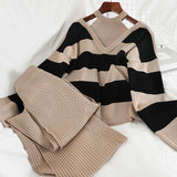 2PCS Set Women Knitted Pullovers Sweater Halter Stripe Knit Jumper Tops + Wide Leg Long Pants Suits