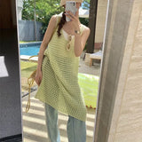 Zingj Lovely Condole Belt Hollow Out Fold Wear V-Neck Vest Dress Loose Languid Lazy Feeling Knit In Long Smock Skirt Female-Outfit