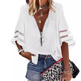 New V-Neck Zipper Shirt Half-Horn Sleeve Grid Spliced Loose Casual Shirt For