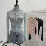 Real Shooting 2024 New Hot Diamond Half-High Collar Perspective Thin-Bottomed Shirt Mesh Top Beautiful Chic Shirt
