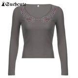 SUCHCUTE Rhinestone Gothic Clothes Women T-Shirts Harajuku Long Sleeve Dark Academia Slim Clubwear Tops Vintage Casual 90s