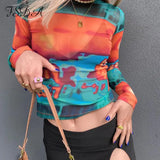 Tie Dye Print Long Sleeve Crop Top Mesh Women Autumn Summer 90s T Shirts Sexy Vintage Fashion Casual