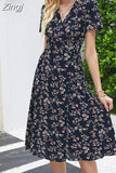 Floral Printed Beach Dress Women Boho Short Sleeve V Neck Split Elegant A Line Party Holiday Dress Casual