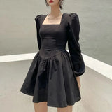 Elegant Chic Square Neck Vintage Puff Sleeve Black Women Mini Dress French Sexy Casual Party StreetWear New Year