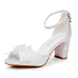 Cm Fish Mouth High-Heeled Sandals Shallow Mouth Lace Flower Large Size Sandals Bride Wedding Silk Satin Cloth Coarse Sandals