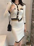 Autumn Women Fashion Designer Skirt Set Long Sleeve Pockets Tops + High Waist Knee Skirt Knitting 2 Two Pieces
