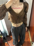 Aesthetic Fashion Two Piece Set Preppy Style Bandage Shirt + Streetwear Lace Patchwork Crop Top Vest 2 Suits