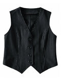 V Neck Pinstriped Button Corset Top- Outfit