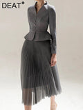 Fashion Women's 2 Pcs Set V-neck Long Sleeve Spliced Grey Blazer Loose High Waist Folds Skirt Suits Autumn 2023 New