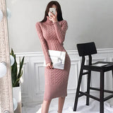 Winter Women Sheath Knitted Warm Dress Fashion Turtlenek Hemp Flowers Bodycon Thick Dress Split Pencil