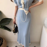 Korean Elegant Knitted 2 Pieces Sets Hit Color Single Breasted Short Sleeve O-neck Tops + High Waist Long