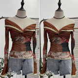 Vintage Oil Painting Print Collar A Word Twisted Folded Short-Sleeved Trumpet Blouse