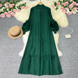 Zingj Sense Of Socialite Temperament Three House Pleated Lantern Long Sleeve Collar Loose A Line Solid Color Dress Elegant