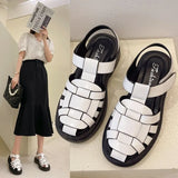 Rome Sandals Women Flat Shoes Round Toe Genuine Leather Holiday Beach Shoes Woman Comfort Thick Sole Sandalias