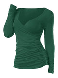 Zingj Women Black Ruched Plunging Long Sleeve T Shirt Autumn Spring V Neck Casual Solid Female Tops Tees 3XL 1215-0-Outfit