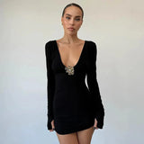 Deep V-neck Long Sleeve Bodycon Gold Applique Mini Dress- Outfit