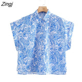 New Women Turn Down Collar Blue Floral Print Shirts Female Short Sleeve Side Split Blouse Roupas Chic Chemise Tops