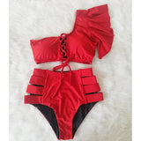 Sexy Women High Waist Bikini Swimsuit Swimwear Female One Shoulder Ruffle Biquini Bikini Set Bathing Suit