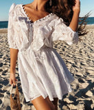 Queens Women White Lace Embroidery Hollow Out Beach Bohemian Mini Dresses Ladies V-neck Wrist Boho Dress