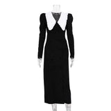 Zingj New Autumn And Winter Women's Trend Black And White Color Slit Skirt Doll Collar Long Sleeve French Dress-Outfit