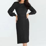 Winter Round Neck Solid Elegant Slim Belt Pleated Sweater Midi Dresses Ladies Waist Wild Knitted Bottomed Casual