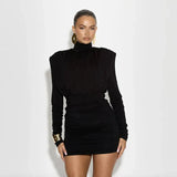 Turtleneck Long Sleeve Puff Pleated Mini Dress- Outfit