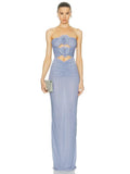 Blue Strapless 3D Flower Ruched Maxi Dress- Outfit