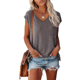 Color V-neck Cotton Blend Casual Loose Sleeveless Top Women's