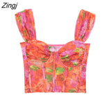 New Women Sexy Floral Print Orange Mesh Smock Blouse Female Corset Style Crop Pullover Shirt Chic Short BlusasTops