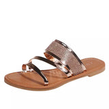 Large-Size Water Drill Flat-Bottomed Toe Slippers Women Wear Metal Texture Beach Cool Slippers