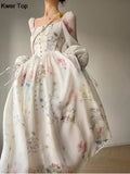 Elegant Floral Party Dress Romantic One Piece Fairy Beach Dresses Woman Lantern Sleeve Evening Prom Vestidos 2024
