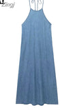 Backless Denim Dress Woman Blue Halter Long Dress Women Off Shoulder Midi Summer Dresses For Women 2023 Holiday