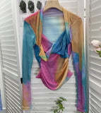 Explosion Tie-Dye-Print Long Sleeve Bottom Sexy Hottie V-Neck T-Shirt Folded Slimming Mesh Yarn Top
