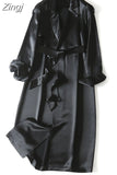 Spring Autumn Long Soft Luxury Elegant Flowy Satin Acetate Trench Coat for Women High Quality Chic British Fashion