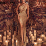 Women Elegant Diagonal Shoulder Feather Hollow Out Sequins High Silt Maxi Bodycon Sexy Formal Party