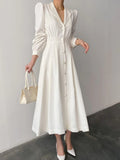 Women Autumn Spring Midi Shirt Dress Elegant Office Lady One Piece Korean Style Clothes