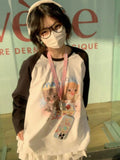 Kawaii Cute Star Cat Print O Neck Hoodies Spring Patchwork Women Long Sleeve Tops Japanese Sweet Contrast Color