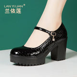 Round Head High-End Catwalk Shoes Thick Heel Waterproof Platform One-Word Buckle Model Comfortable Cheongsam High-Heeled