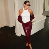 Bodycon PU Leather Zipper Split Midi Skirt- Outfit