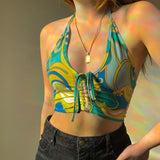 blouse Brown Camis Ruched Tie Up Crop Top Y2K Harajuku Tank Top Backless Halter Cute Tee Top Women Party Beach Sweat