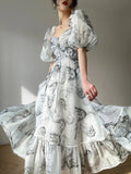 Floral Print Vintage Dress Women Sexy French Style Party Midi Dresses Casual Korean Fashion Elegant Retro Dress 2023