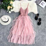 New Women Tulle Dress Summer Mesh Dress High Waist Hem Asymmetrical Pleated Fairy Dress Female Slim Mesh