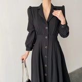 Women Autumn Spring Midi Shirt Dress Elegant Office Lady One Piece Korean Style Clothes