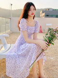 Floral Print Dress Women Summer Elegant Party Midi Dress Casual Puff Sleeve Holiday Lady Dedigner Chic Korean Dress