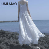 MAO Yamamoto Dark Summer Beach Black White Super Long Irregular Big Swing Elegant Suspender Dress Women Femme Y2K