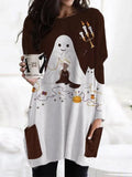2020 Autumn Winter Halloween Fashion Women's Mini Dress Casual O Neck Long Sleeve Pocket Ladies Pumpkin Print