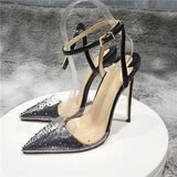 Women pumps 2020 transparent 10cm thin high heels fashion sexy pointed toe 8cm slip-on party black big size shoes SJ003