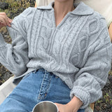 Lapel small V-neck twist knit sweaterOutfit