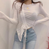 pads women top Summer long sleeve tops Sexy asymmetric slim solid ladies tops 2021 Lace Up Thin T-shirt See